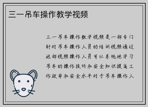 三一吊车操作教学视频